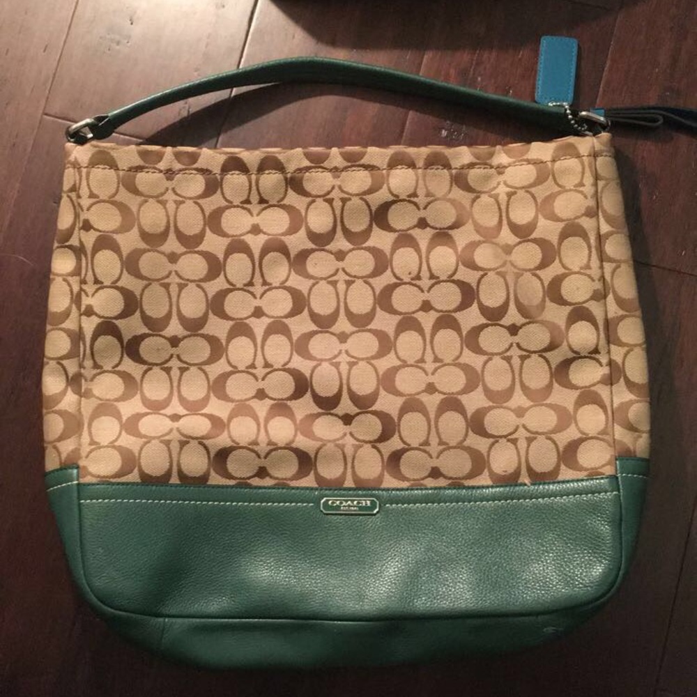Coach Brown Signature Canvas Shoulder Bag with Green Leather Trim